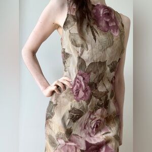 Vintage Brown & Pink Rose Floral Mini Dress Medium Romantic Whimsigoth Fairycore